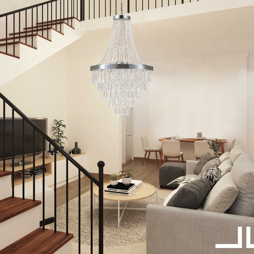 20" K9 Crystal Chandelier | 11-Light Modern Pendant with Adjustable Height 33"–71" — Chrome or Gold, Living Room, Dining Room & Staircase
