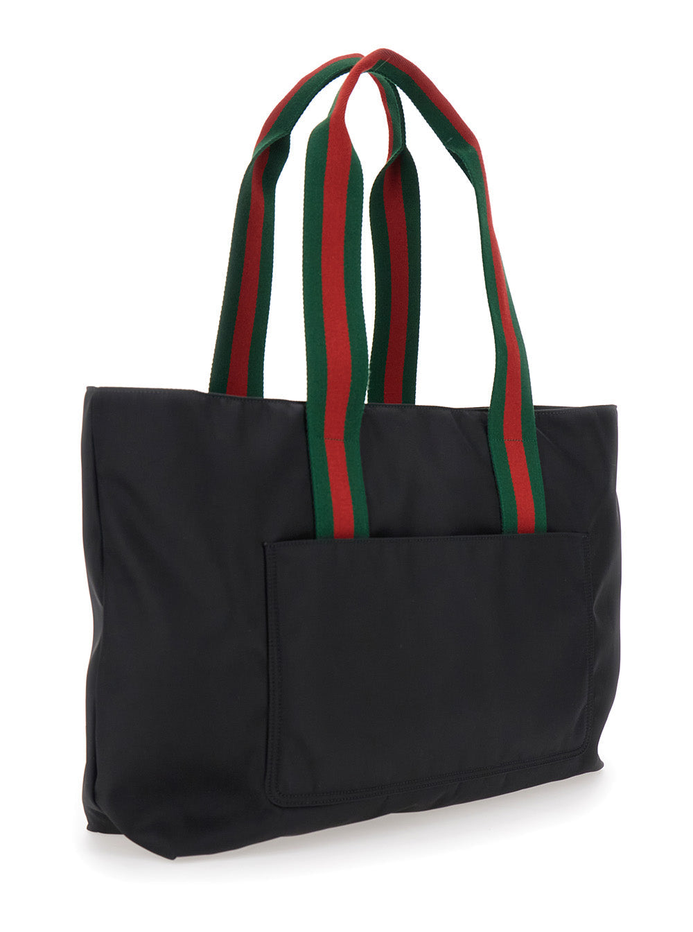 Gucci Men Black Tote Bag With Web Handles And Logo Lettering On The Front In Tech Fabric Man