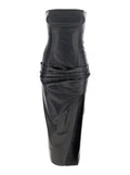The Attico Women Black Sleeveless Off-Shoulder Midi Dress With Front Single Slit And Ruched Waist In Leather Woman