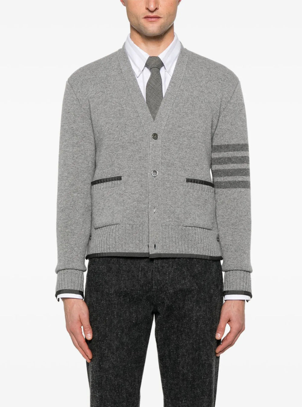 Thom Browne Men Grey Cardigan With V Neck And Striped Detail On The Sleeve In Wool Man