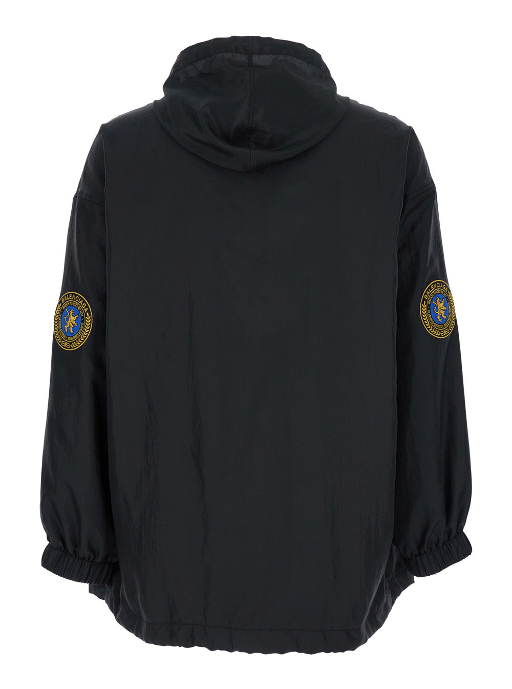 Balenciaga Men Black Jacket With Logo Lettering On The Front And Logo Patch On The Elbow In Tech Fabric Man