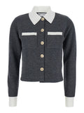 Self-Portrait Women Grey Cropped Cardigan With Contrasting Classic Collar And Two Front Patch Pockets In Wool Blend Woman