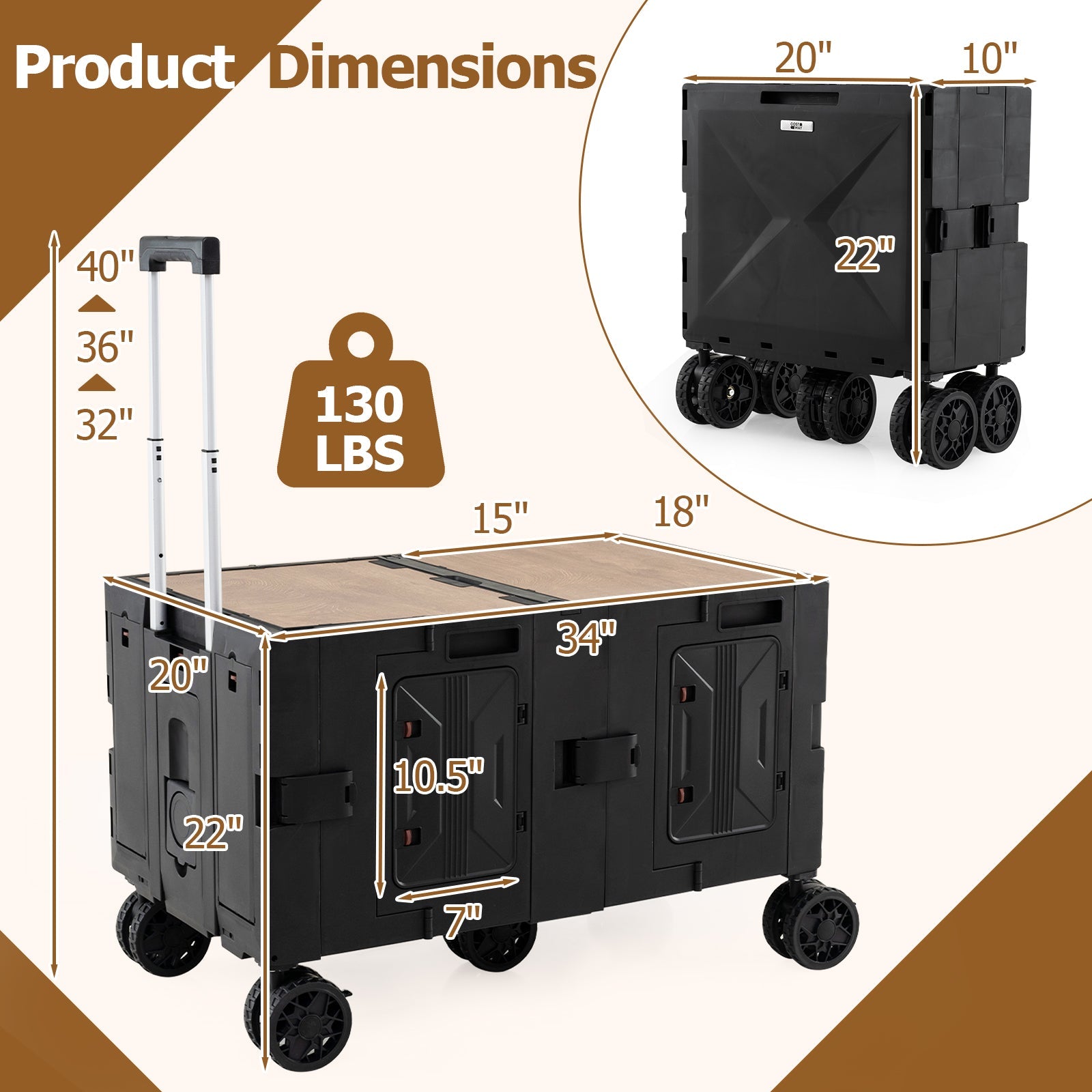 Large Foldable Utility Cart with 2-Tier Storage Crates and Telescoping Handle