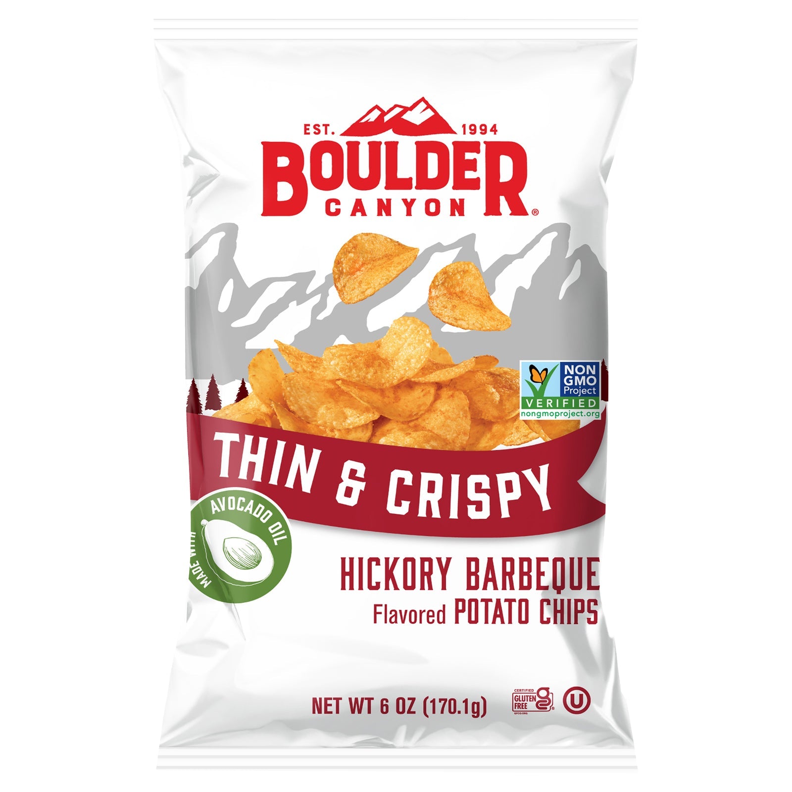 Boulder Canyon Hickory BBQ Kettle Cooked Potato Chips, 6 oz - 12 Pack