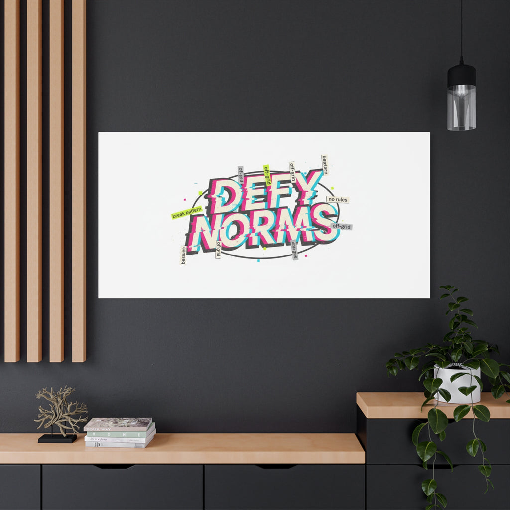 Defy Norms Canvas, Anti-Aesthetic Glitch Typography, Brutalist Poster Style