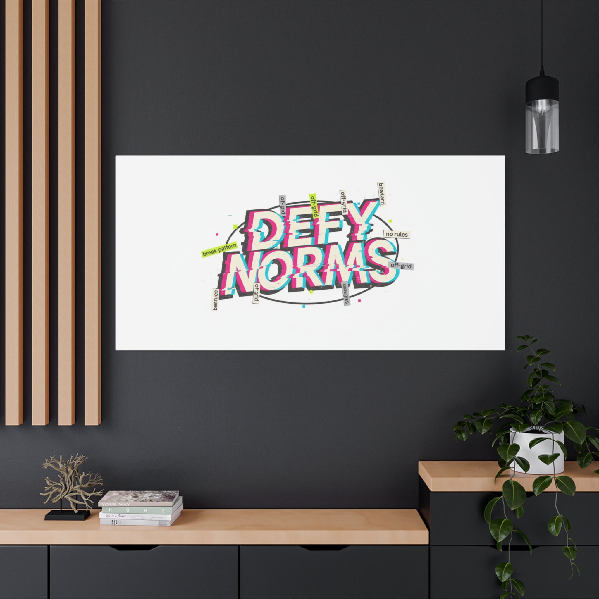Defy Norms Canvas, Anti-Aesthetic Glitch Typography, Brutalist Poster Style