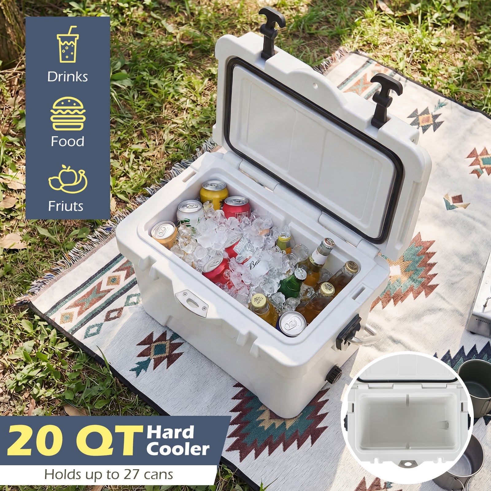 20 Quart Portable Hard Cooler with Built-in Ruler and Bottle