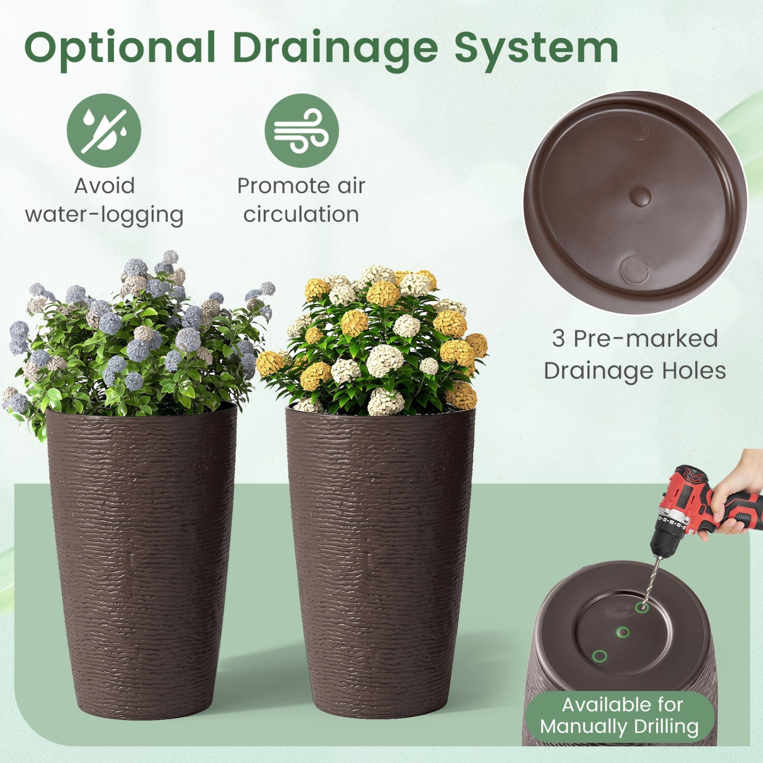 Round Plastic Planters Set of 2, 21 Inch Tall with Drainage