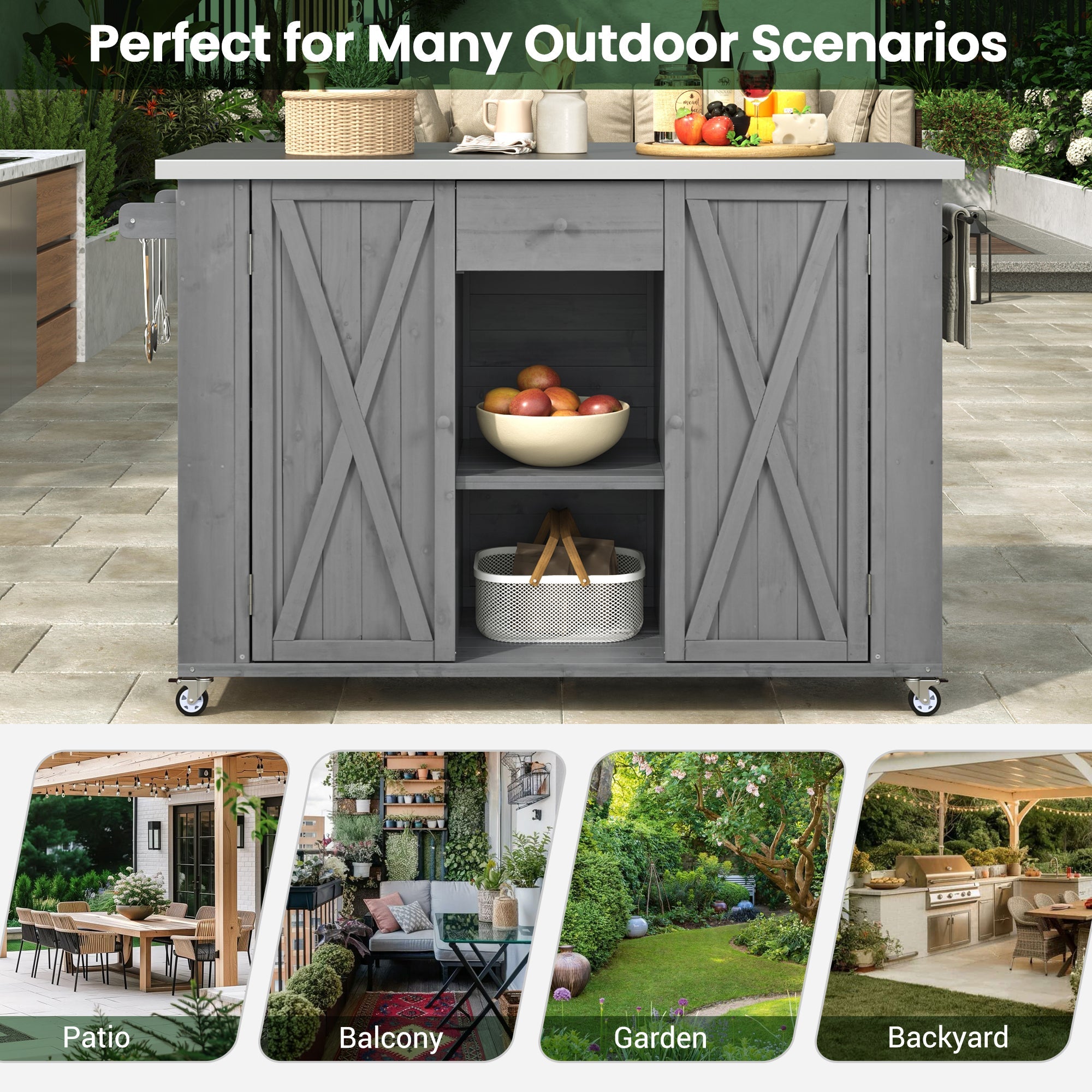 Outdoor Kitchen Island Fir Wood Kitchen Island with Stainless Steel Top, Ample Storage, Towel and Spice Racks, Bottle Opener, Grey