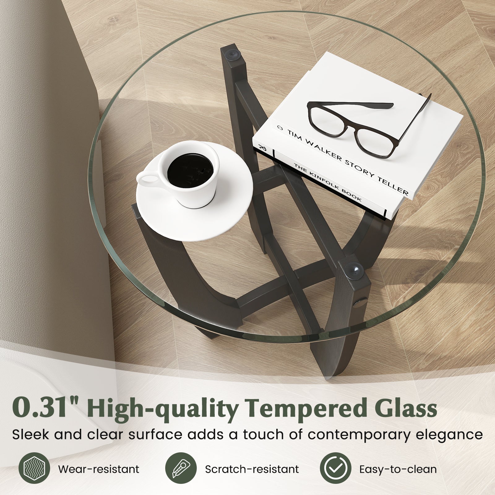 23.5 Inch Round End Side Table with Tempered Glass Tabletop-Black