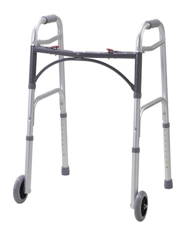 Walker Folding 2-Button Aluminum with 5-Inch Wheels, Easy Release, 350 lb Capacity (Drive) Cs/4