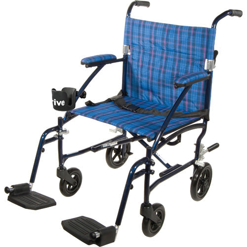 Lightweight Fly-Lite Blue Transport Wheelchair with Plaid Upholstery - 300 lb Capacity