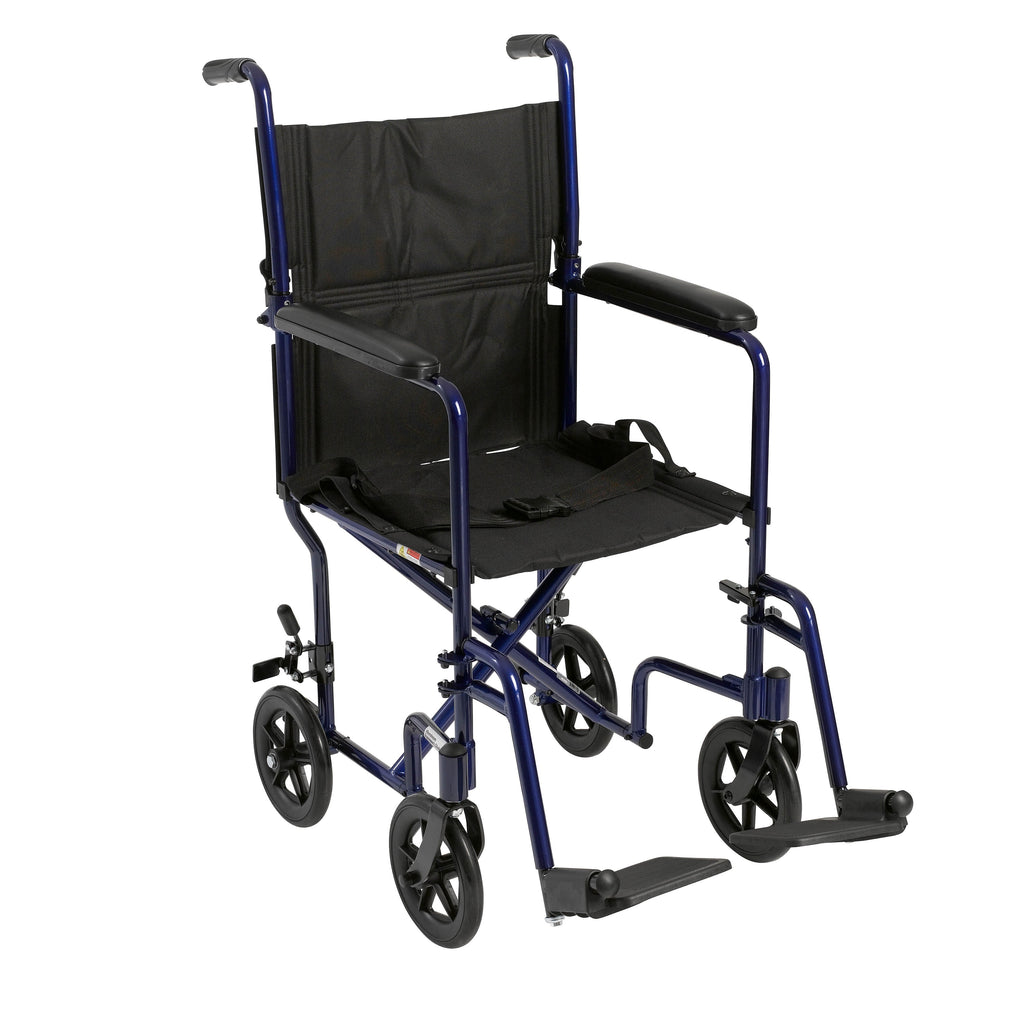 Lightweight Transport Wheelchair, 19" Wide, Blue Frame, Aluminum, 300 lbs Capacity