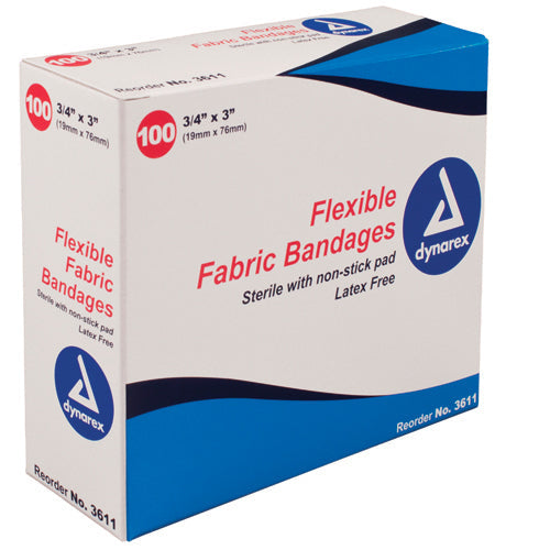 Flexible Fabric Bandages 3/4 x 3 Inches, Sterile, Latex-Free, 100 Count Box