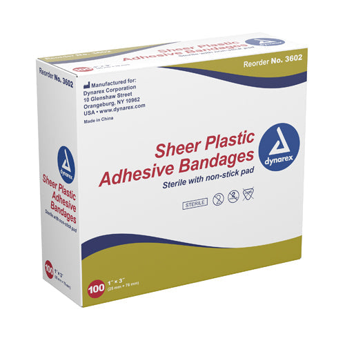 Sheer Plastic Adhesive Bandages 3/4 x 3 Sterile, Latex-Free - 100 Count Box