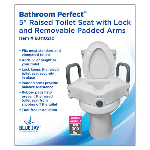 Blue Jay 5 Inch Raised Toilet Seat with Padded Arms and Secure Lock - Standard & Elongated Toilets