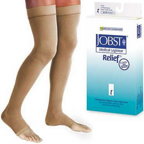 Jobst Relief 20-30 mmHg Thigh-High Compression Stockings, Open Toe, Beige, Silicone Dot Band, Medium