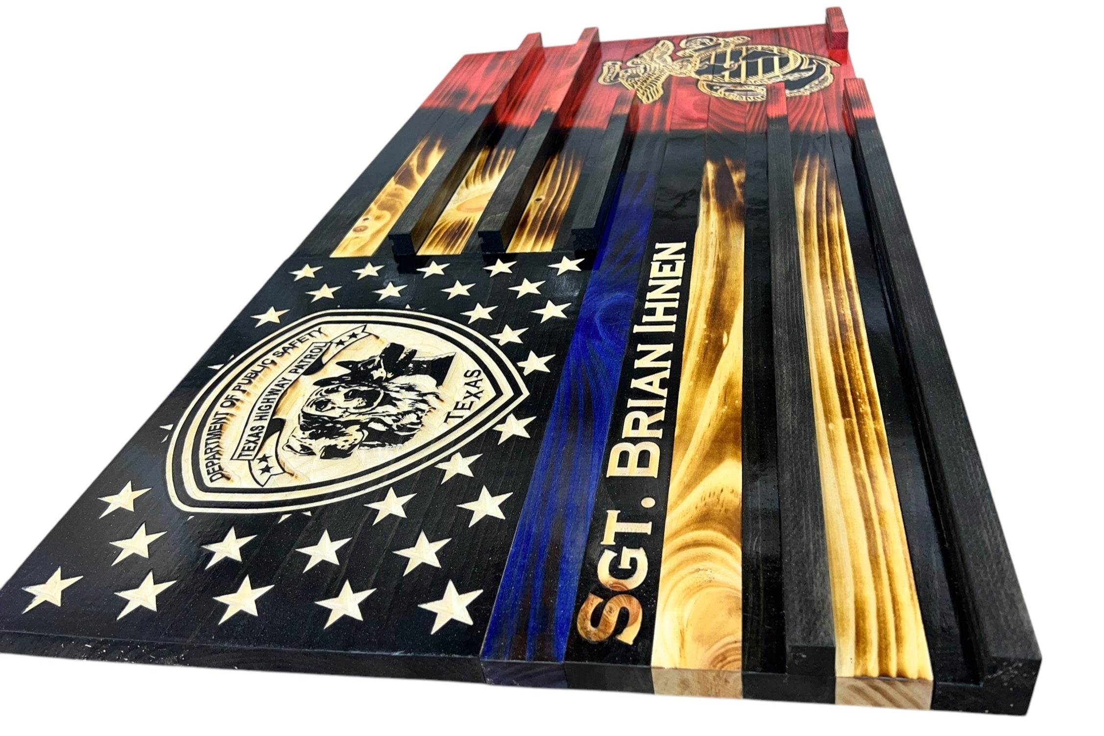 Custom Wooden Challenge Coin Display Flag with Engraved Badge