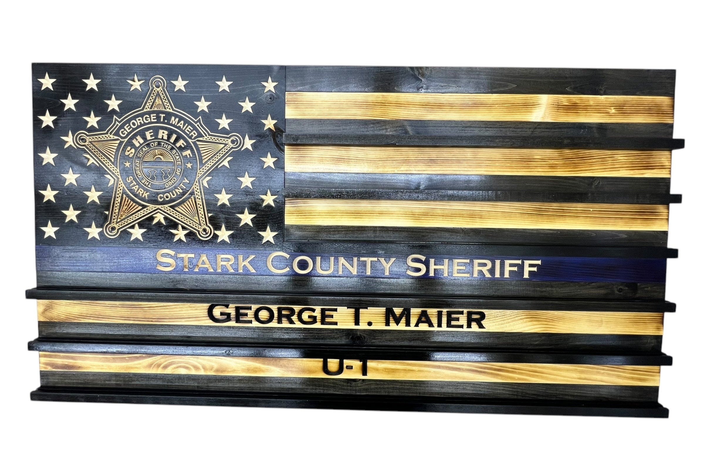 Custom Wooden Challenge Coin Display Flag with Engraved Badge