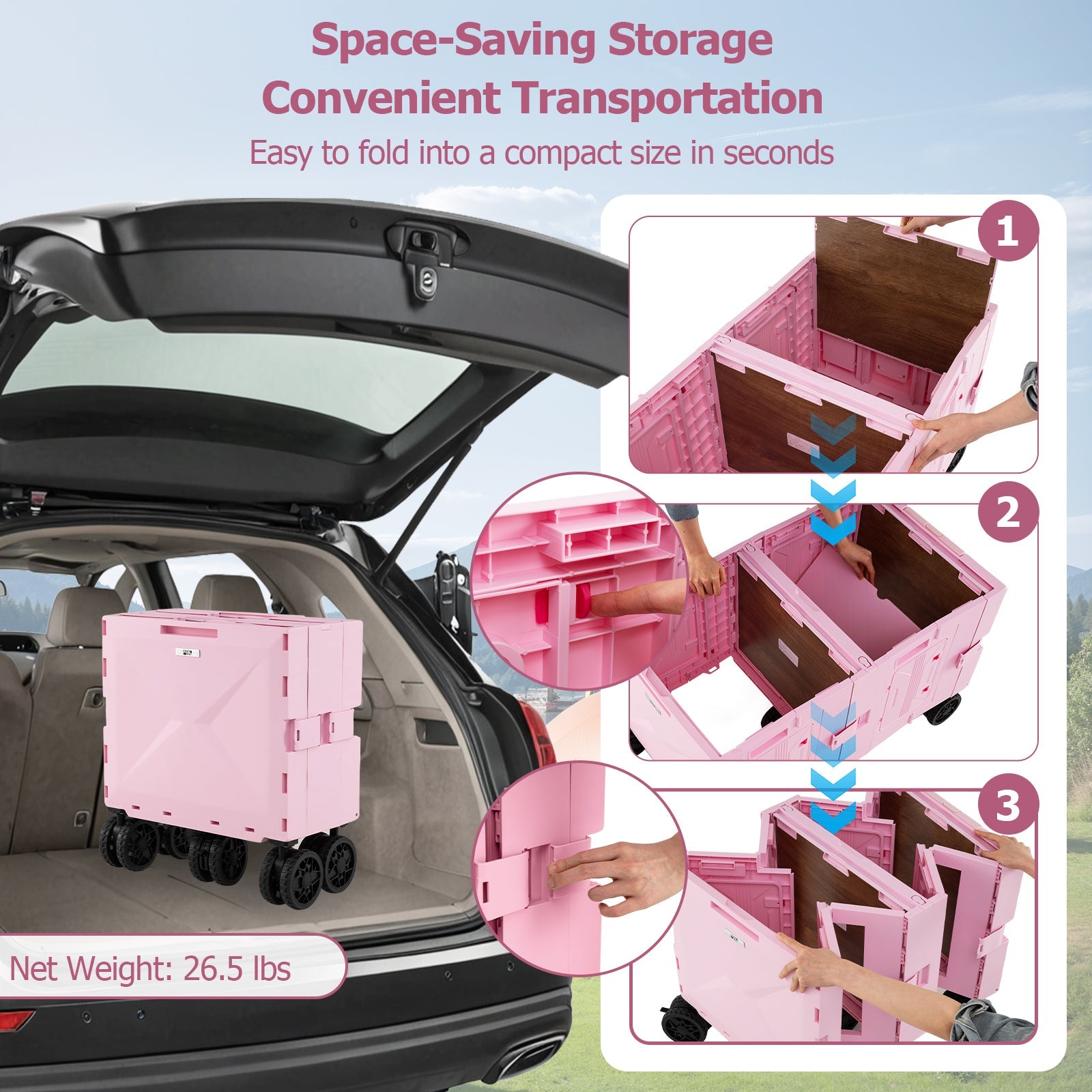 Large Foldable Utility Cart with 2-Tier Storage Crates and Telescoping Handle