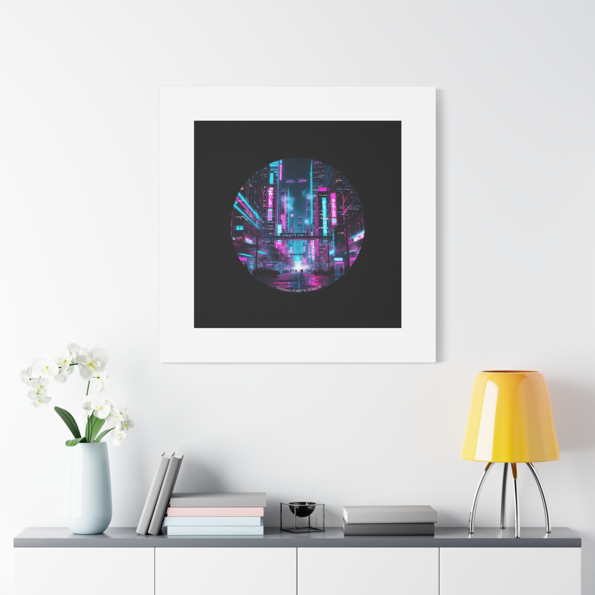 Neon Cyberpunk Cityscape Canvas | synthwave skyline, future city art