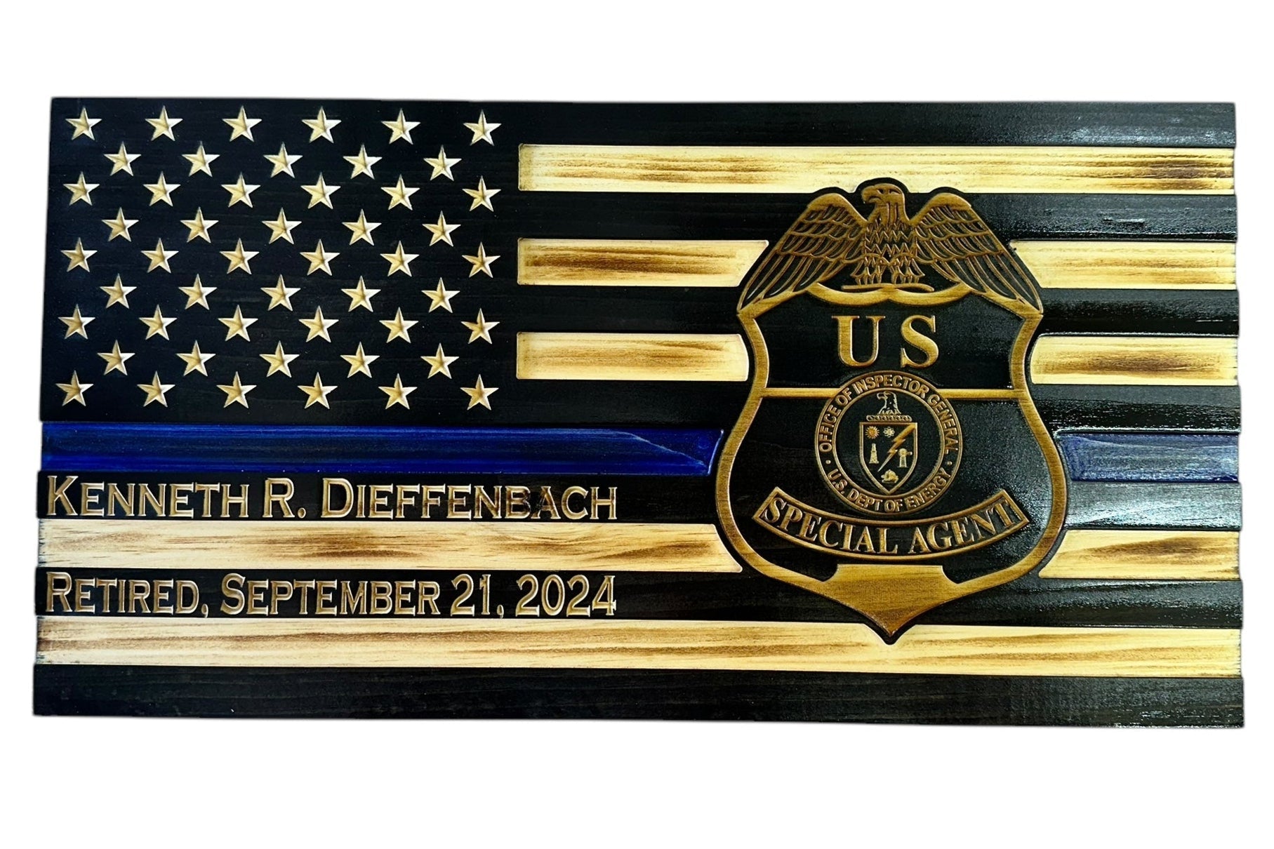 Custom Thin Blue Line Wooden Flag with Engraved Police Badge