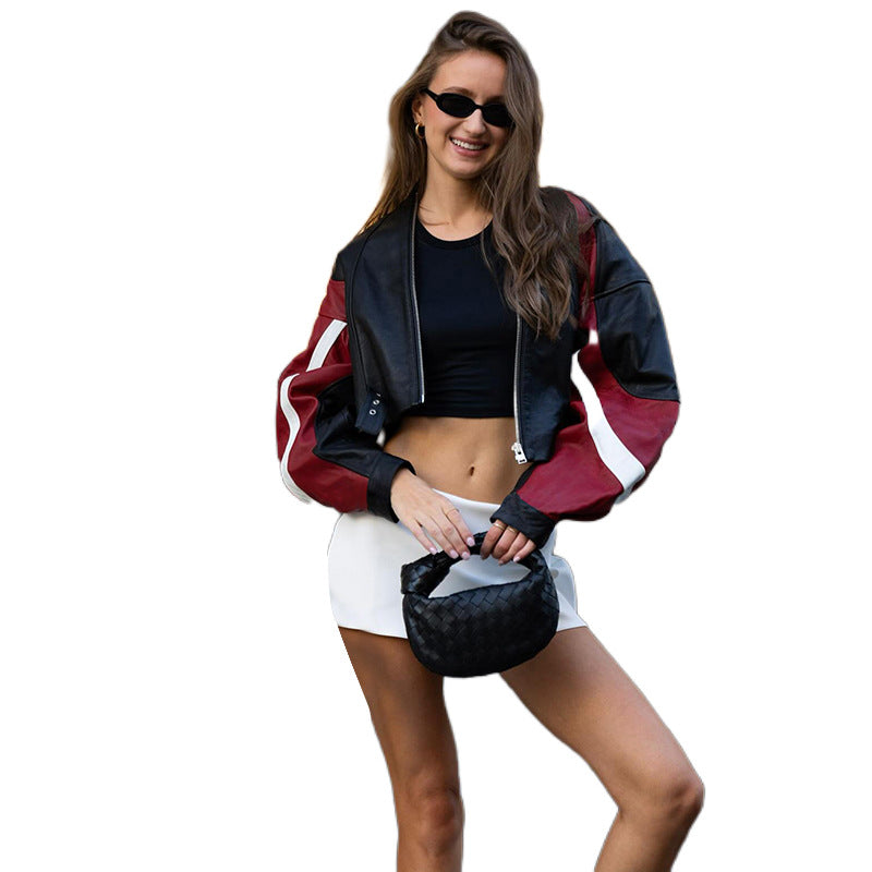 Motorcycle Slim Round Neck PU Leather Jacket
