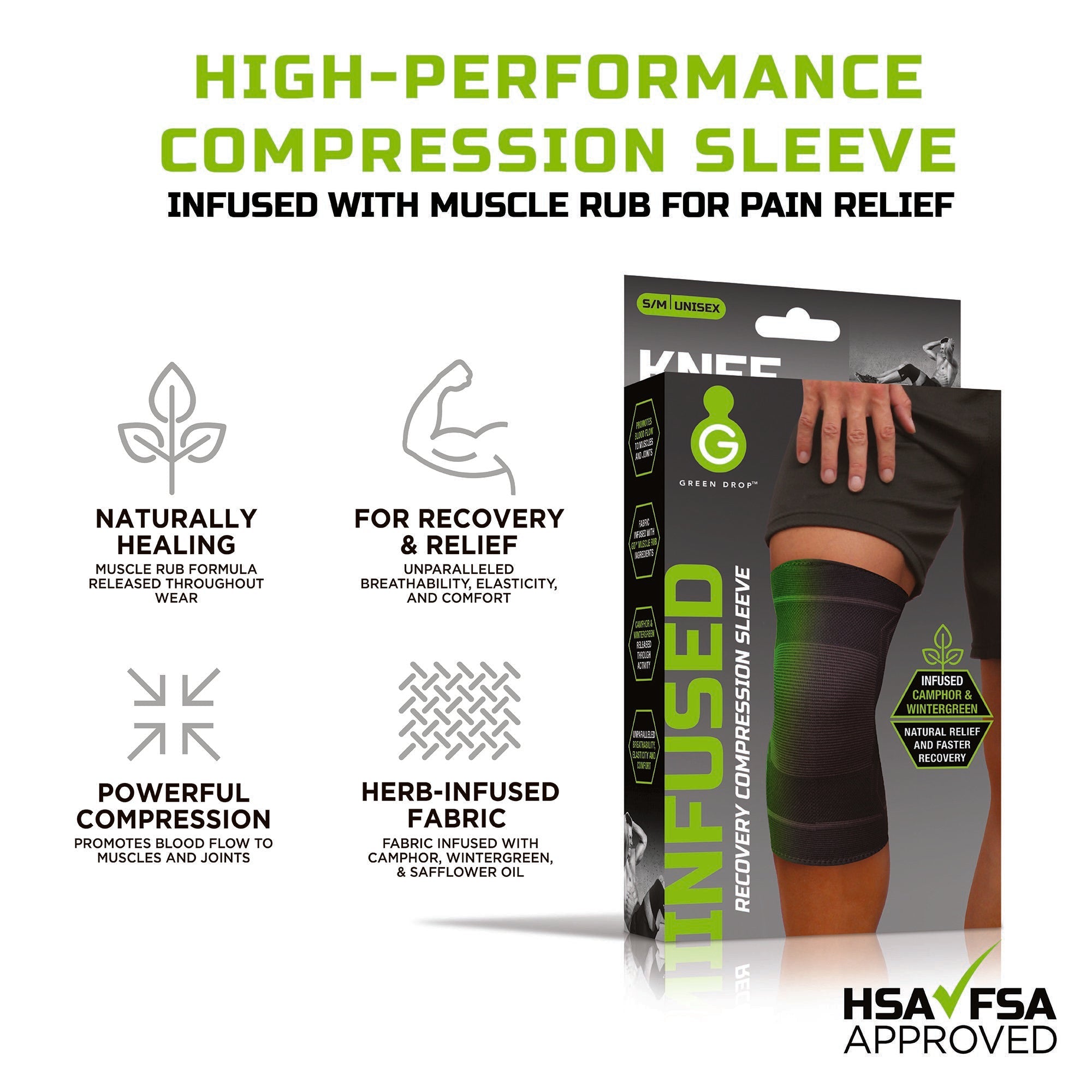 Green Drop™ Infused Compression Sleeve Knee Support, Small/Medium KNE-1452