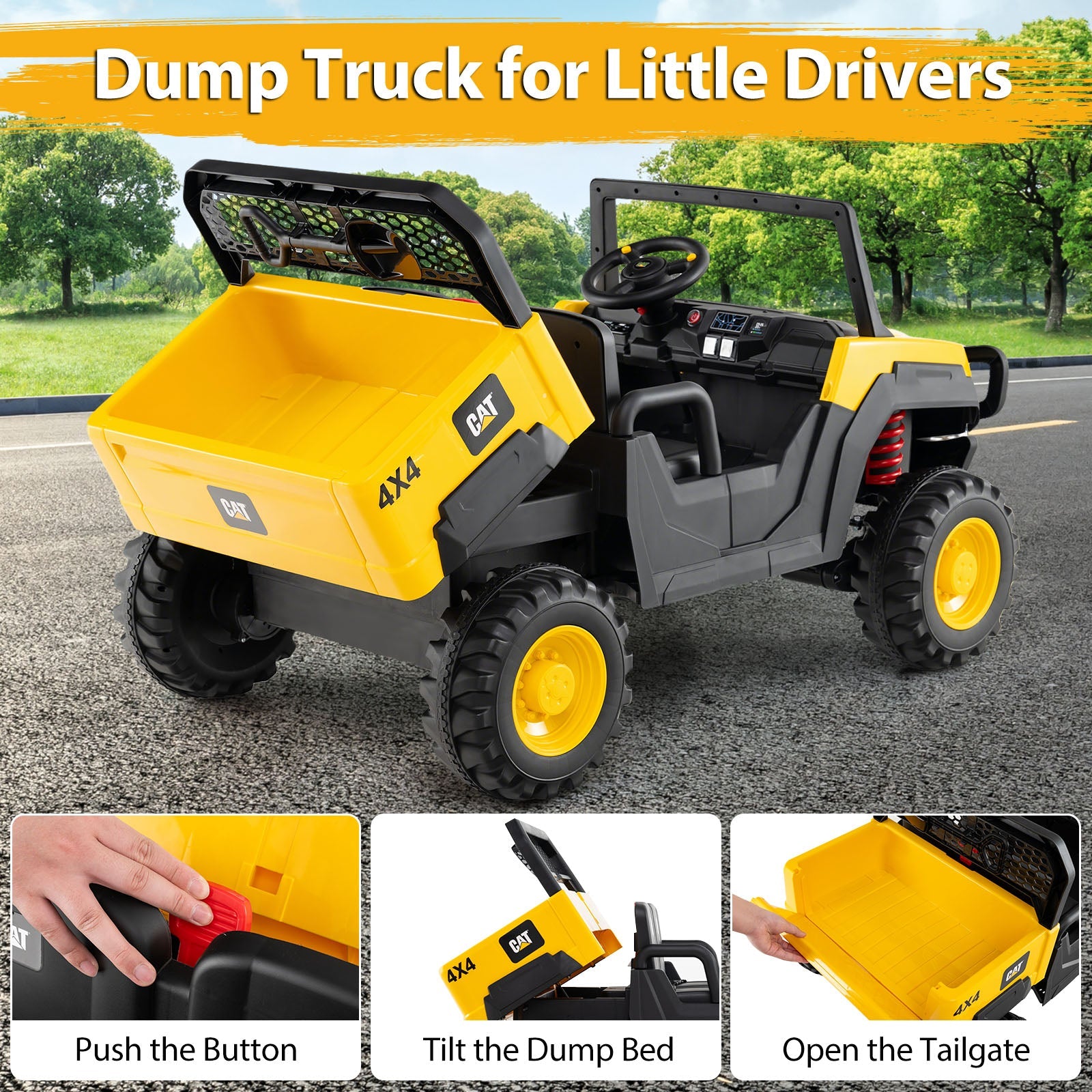 24V Ride On Dump Truck Licensed Caterpillar 2-Seater Kids Car with Remote Control-Yellow