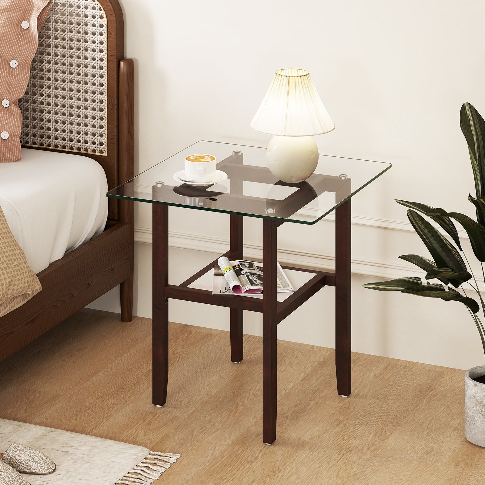 24 Inch 2-Tier Square Glass Coffee Table Center Table with Storage Shelf-Brown