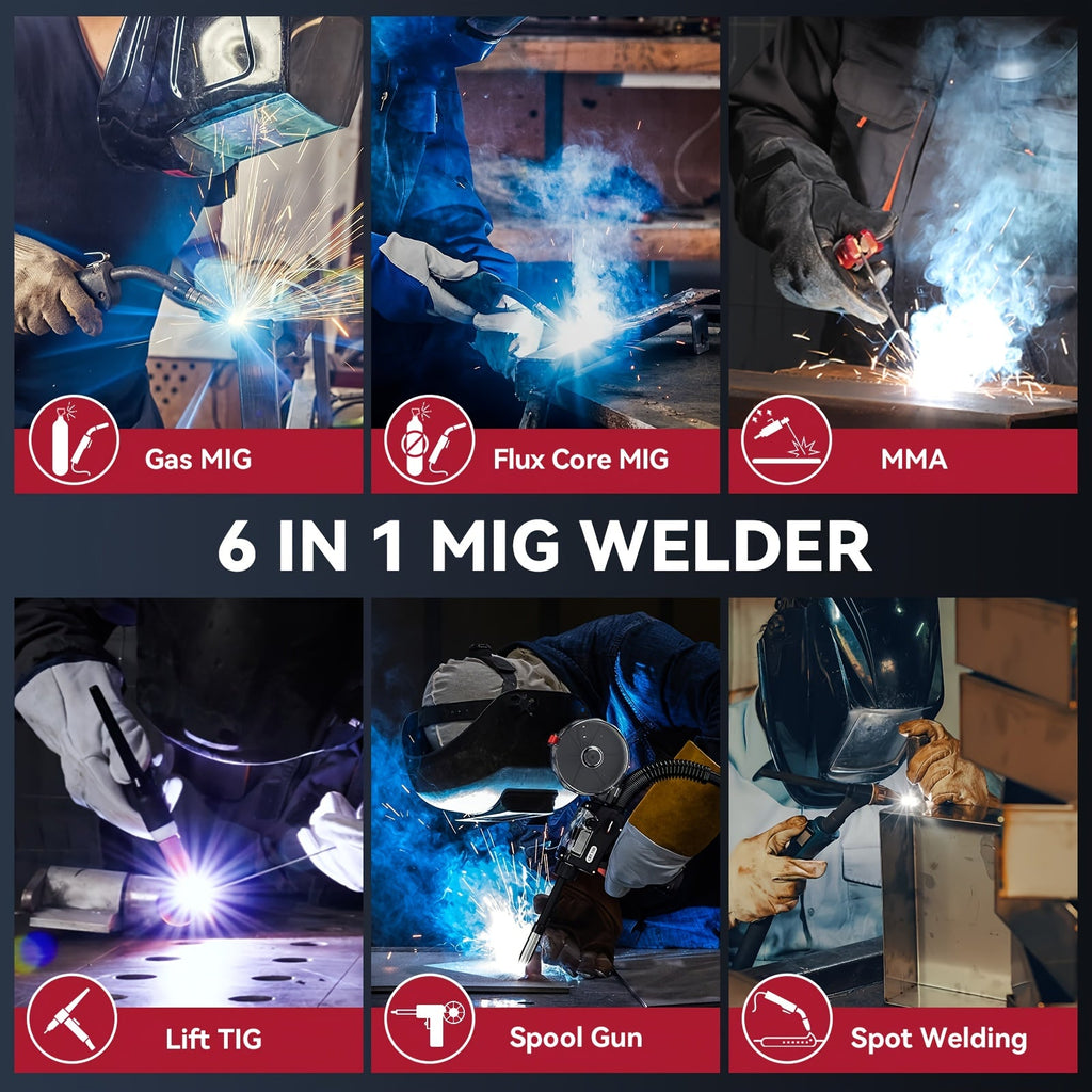 ARCCAPTAIN 250A MIG Welder, 110V/220V Gas Mig/Gasless Flux Core Mig/Stick/Lift Tig/Spool Gun/Spot 6-In-1 Aluminum Welding Machine, Professional Welder, Large LED Display, Comes with Lift TIG Gun/Spool Gun (Sold Separately), Without Battery