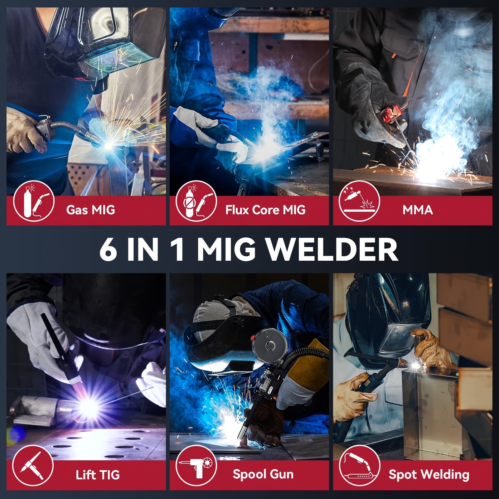 ARCCAPTAIN 250A MIG Welder, 110V/220V Gas Mig/Gasless Flux Core Mig/Stick/Lift Tig/Spool Gun/Spot 6-In-1 Aluminum Welding Machine, Professional Welder, Large LED Display, Comes with Lift TIG Gun/Spool Gun (Sold Separately), Without Battery