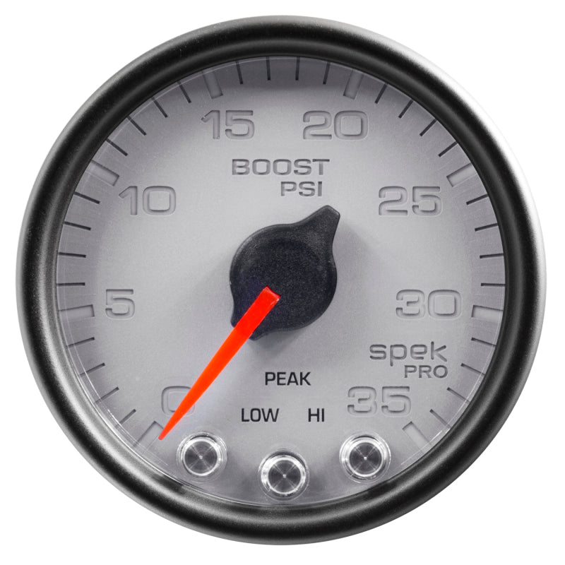 AutoMeter Gauge Boost 2-1/16in. 35PSI Stepper Motor W/Peak & Warn Silver/Blk Spek-Pro P30322
