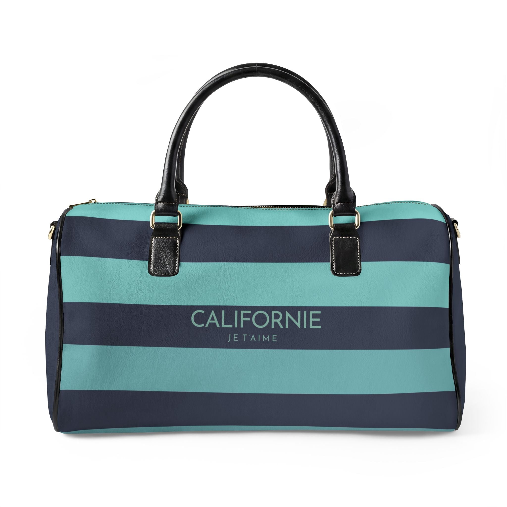 California Lover Leather Travel Bag — Navy/Aqua Striped Weekender Duffle