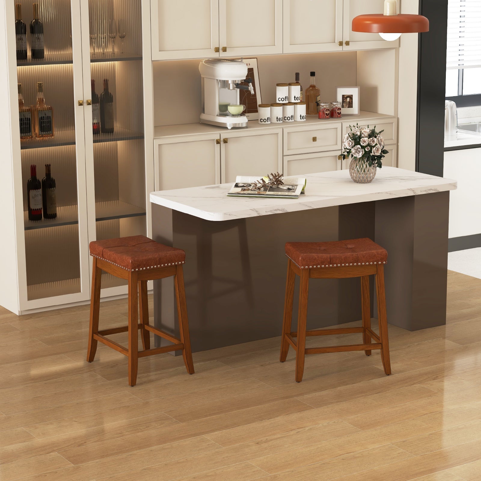 25/29 Inch Set of 2 Upholstered PU Leather Bar Stools with Saddle Seat