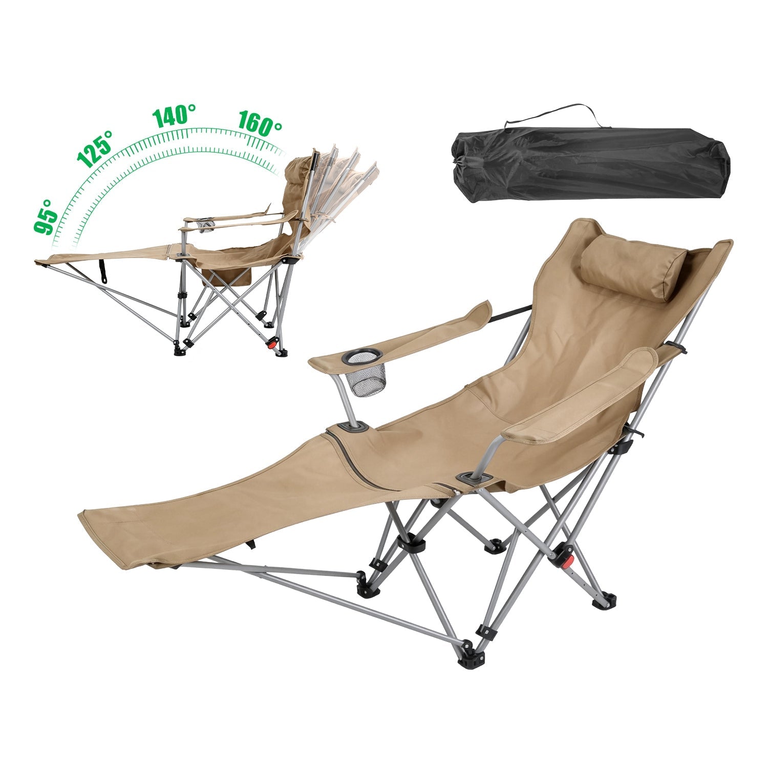 Reclining Camping Chair with Footrest 4-Position Adjustable Outdoor Folding Chair Heavy Duty Portable Camping Lounge Chair with Headrest Cup Holder &