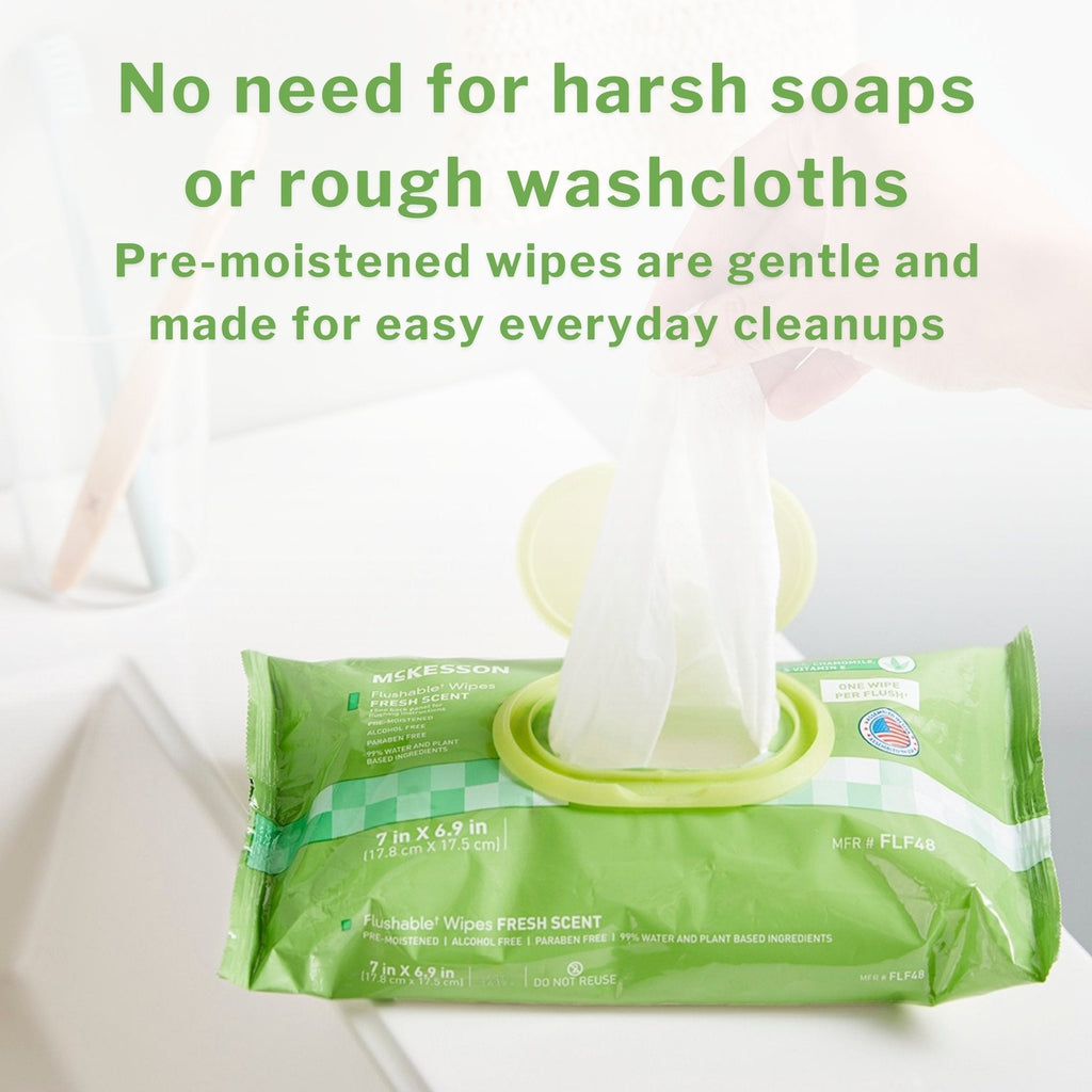 McKesson Flushable* Wet Wipes - Unscented, 48 Wet Wipes per Pack FLU48