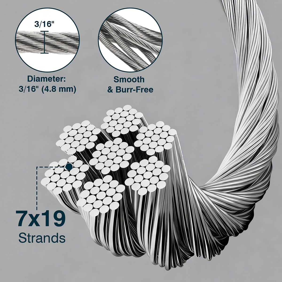 Yescom 4.8mm Wire Rope Type 316 Stainless Steel, 7x19, 3/16"x500'
