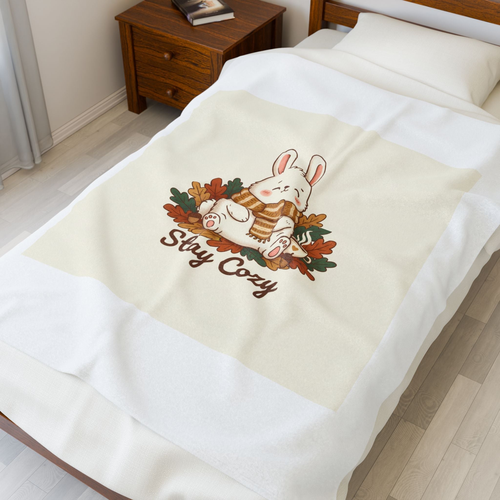 Stay Cozy Bunny, Plush Blanket | cute animal illustration, winter forest art