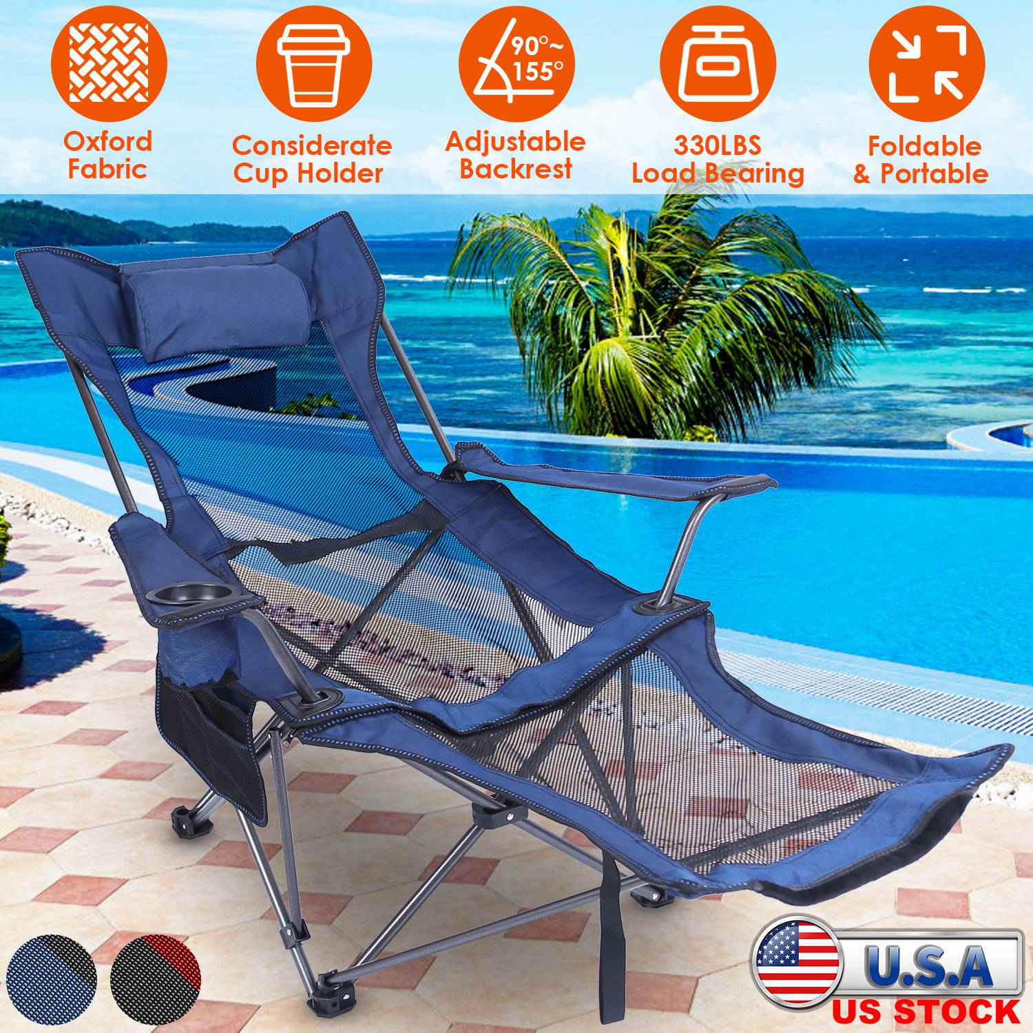 Foldable Camping Chair 330LBS Load Heavy Duty Steel Lawn Chair Collapsible Chair with Reclining Backrest Angle Cup Holder Pillow Side Pocket Carry Bag