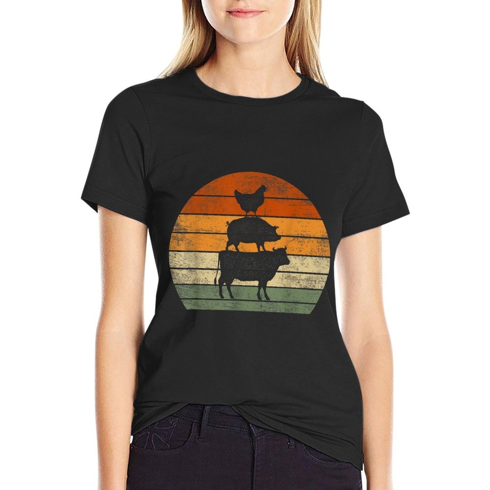 Farm Animals Gifts Women Men Cow Pig Chicken Print Graphic  Oversized Silhouette T-Shirt