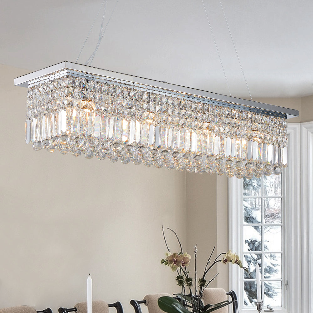 39.4" Rectangle Crystal Raindrop Chandelier | 8-Light Modern Pendant for Dining Room & Kitchen Island — Chrome or Gold, E12