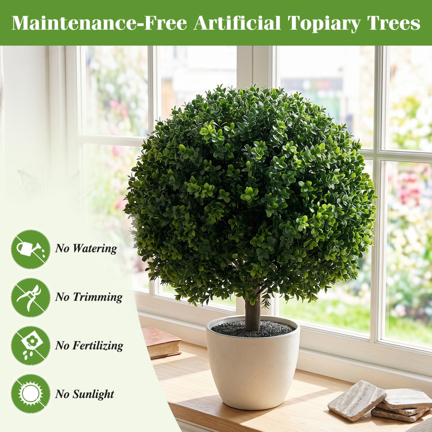 Artificial Boxwood Topiary Trees 27" Set of 2 with Ground Spikes
