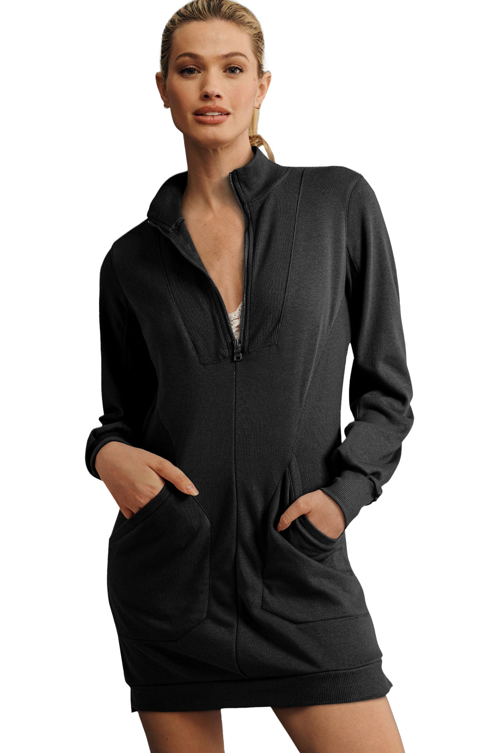 Black Zip up Collared Ribbed Patchwork Sweatshirt Dress with Pockets