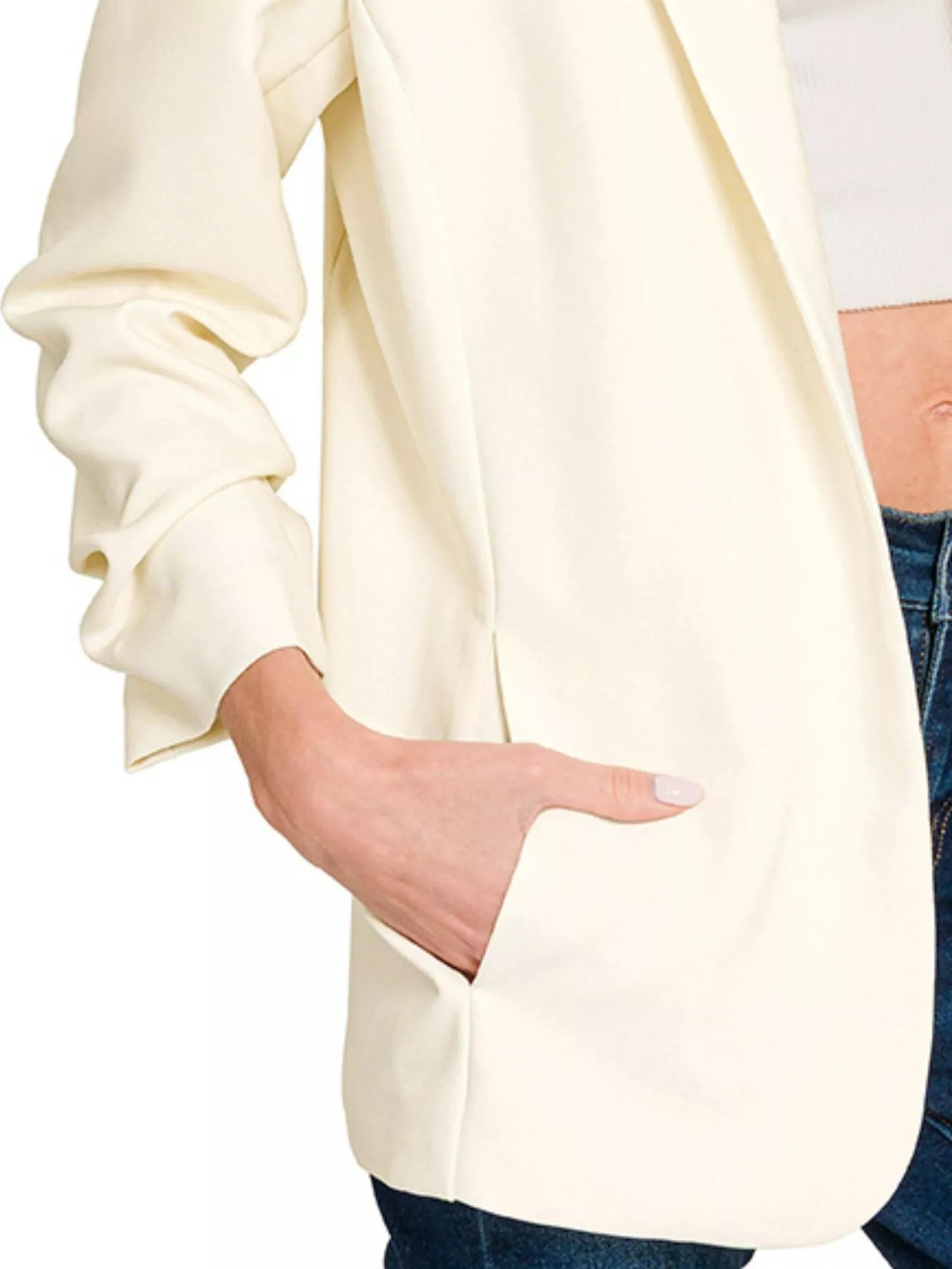 Zenana Woven 3/4 Ruched Sleeve Open Front Classic Blazer