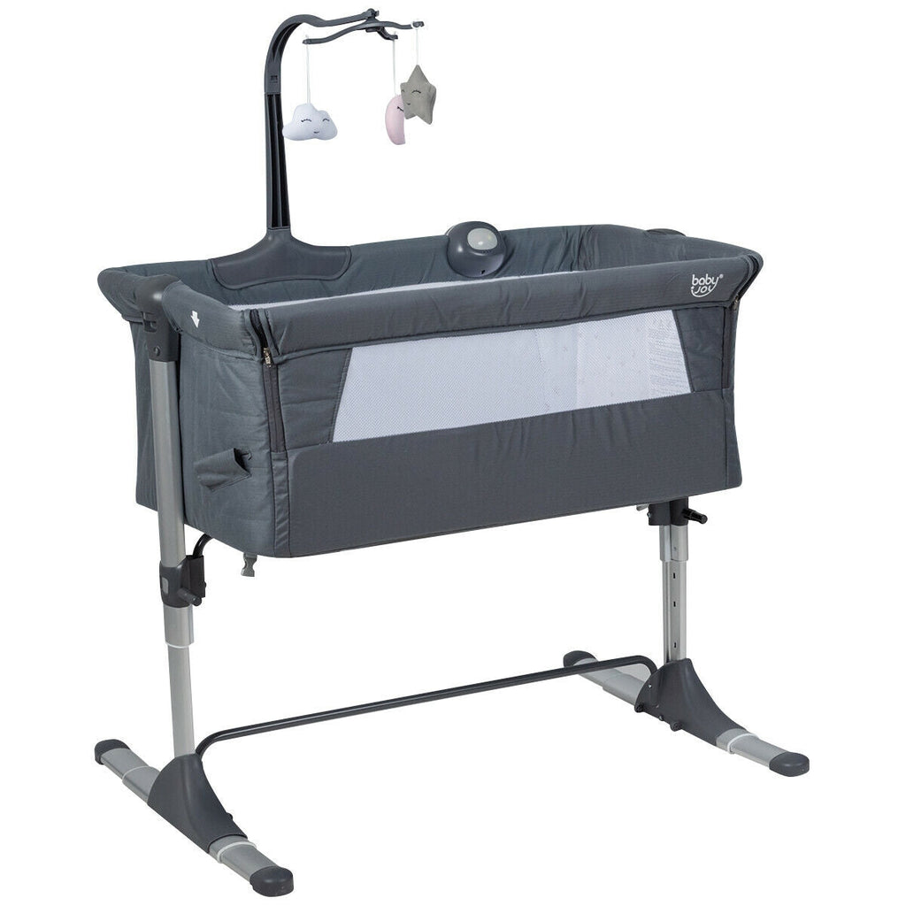 Height Adjustable Baby Side Crib with Music Box & Toys-Dark Gray