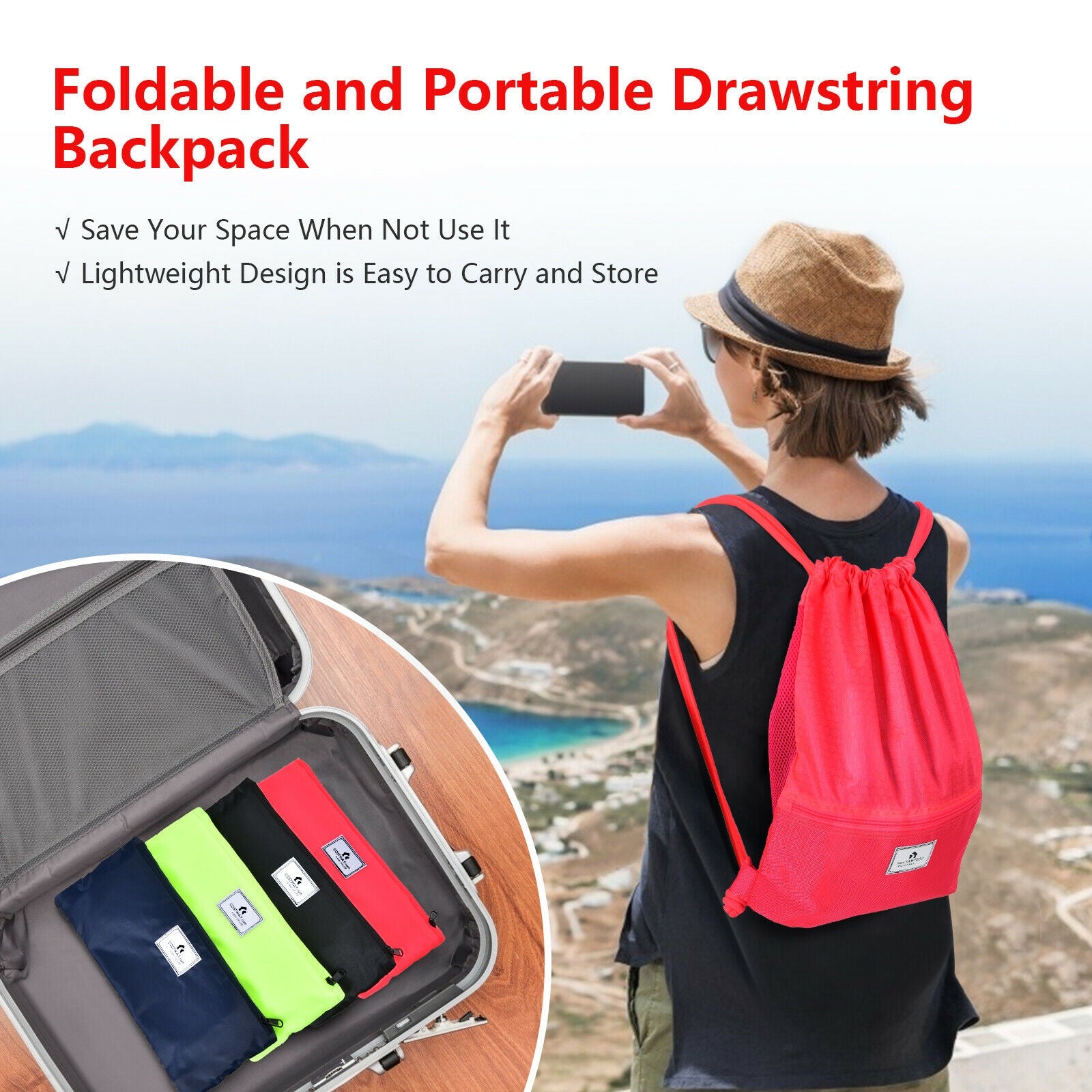 Drawstring Backpack String Bag Foldable Sports Sack with Zipper Pocket