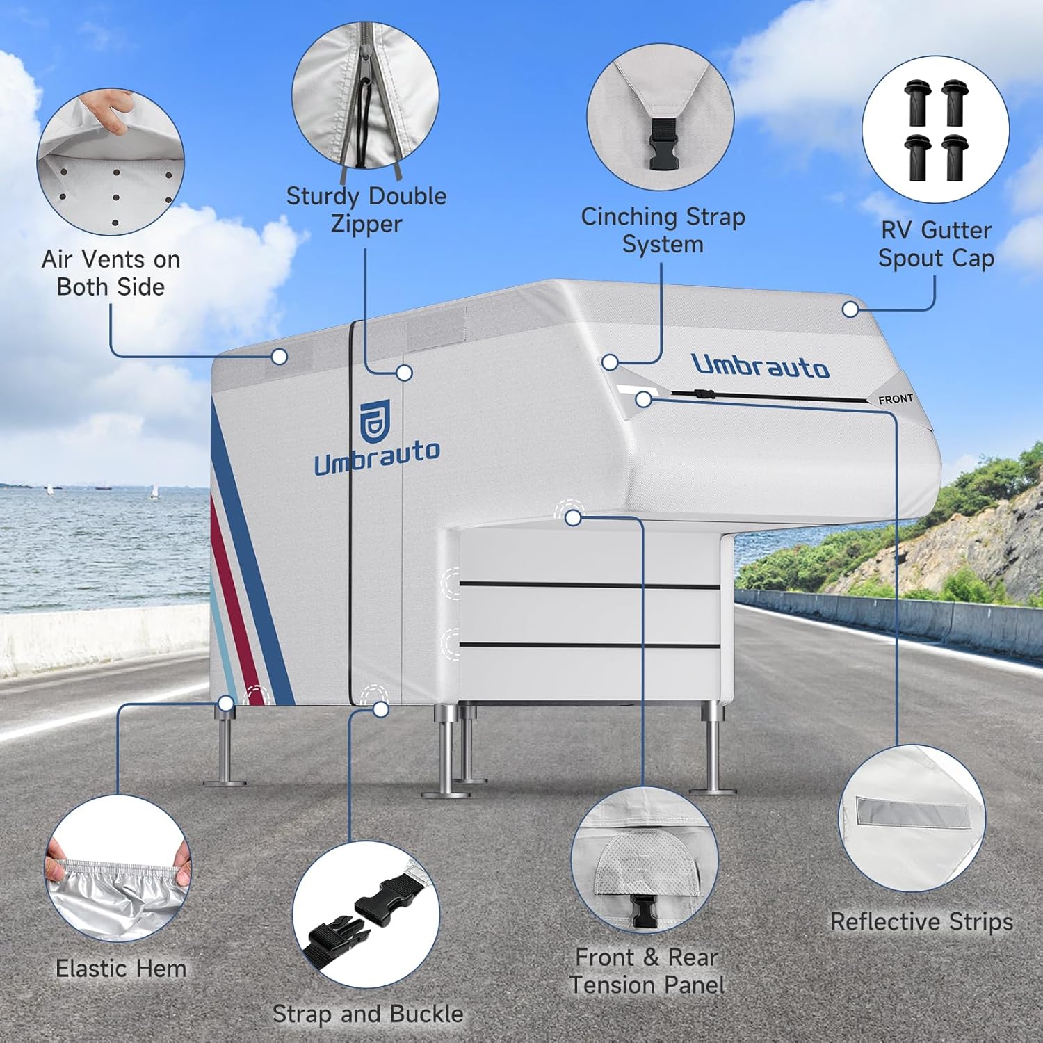 Umbrauto Slide-In Truck Camper Cover — 300D Oxford Waterproof RV Cover, Silver-Coated All-Weather Protection with Windproof Straps & Air Vents
