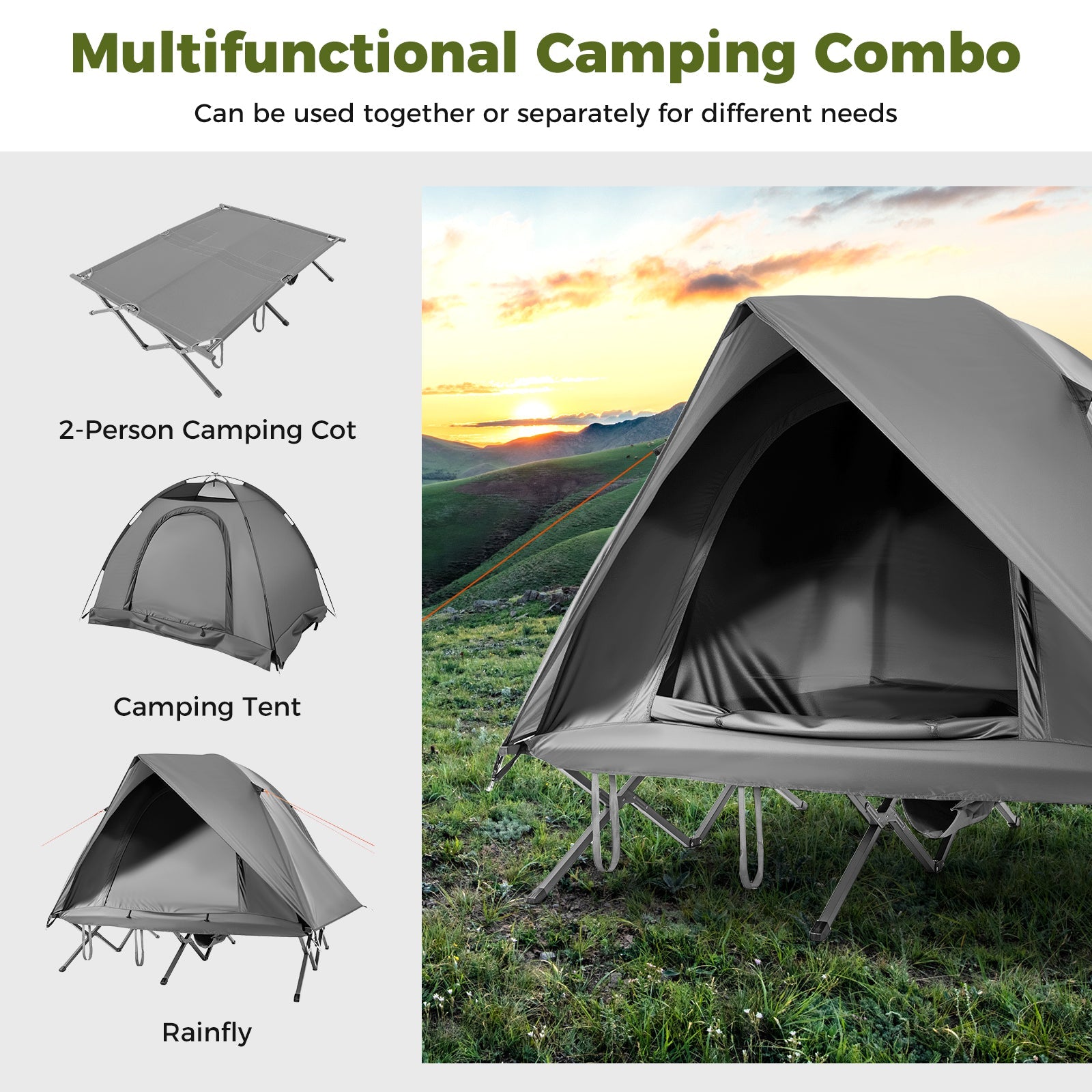 2-Person Camping Cot Tent Foldable Off-Ground Camping Combo for Adults