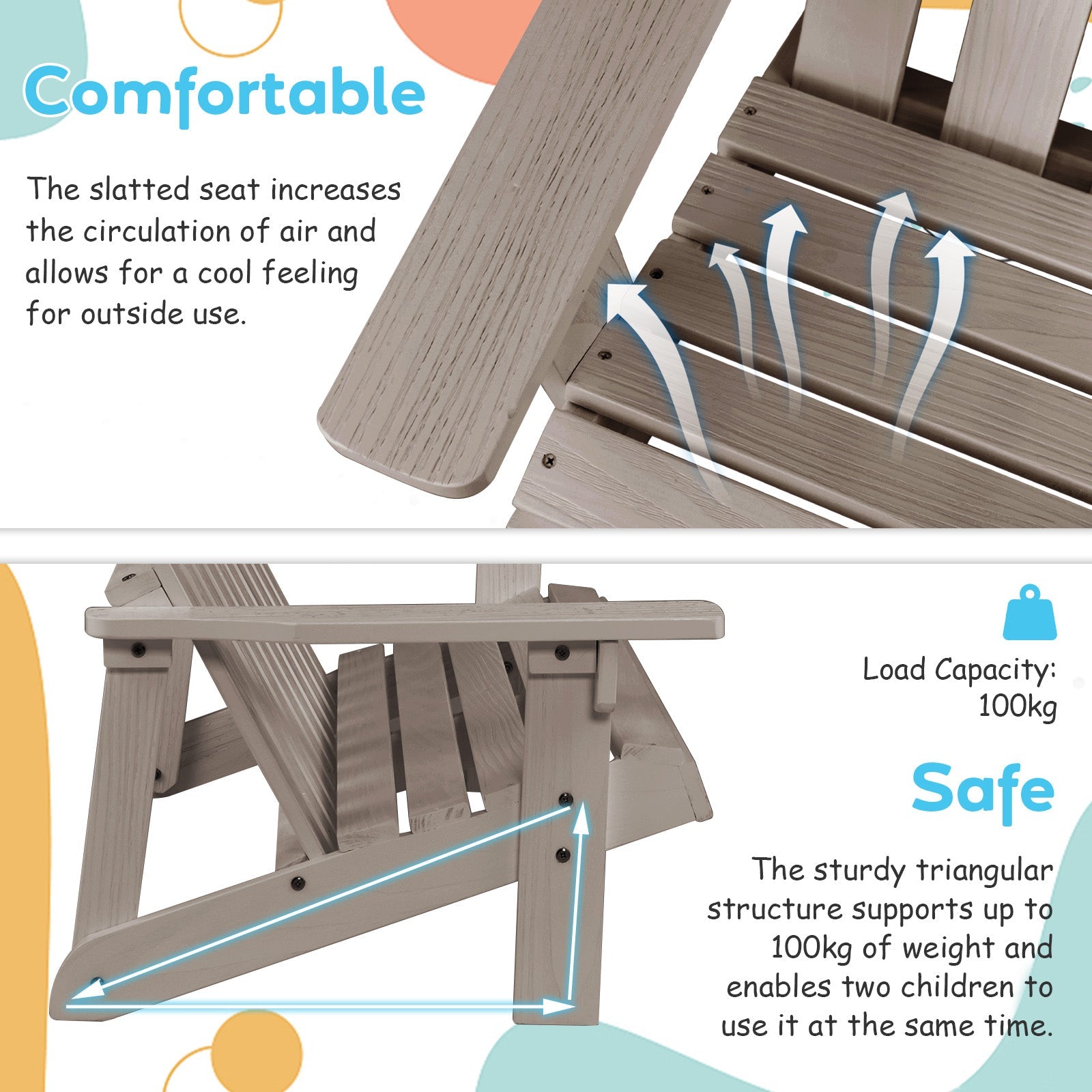 2 Person Fir Wood Adirondack Chair with High Backrest-Gray
